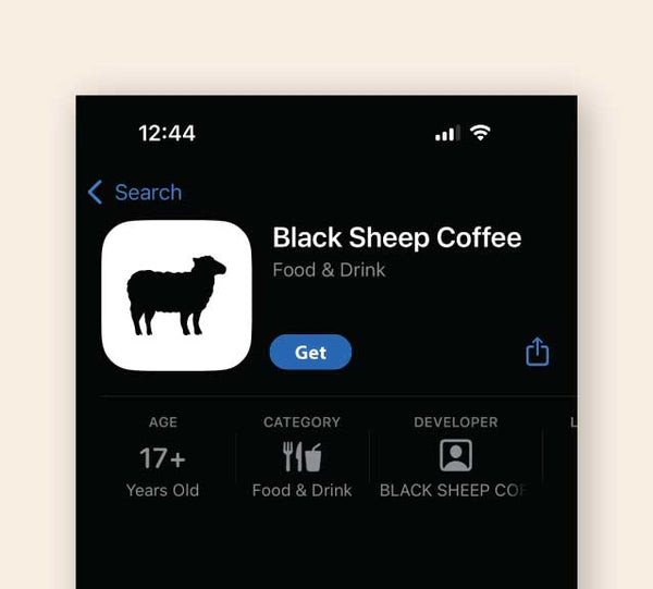 Black Sheep Coffee app icon on a smartphone screen with 'Get' button.
